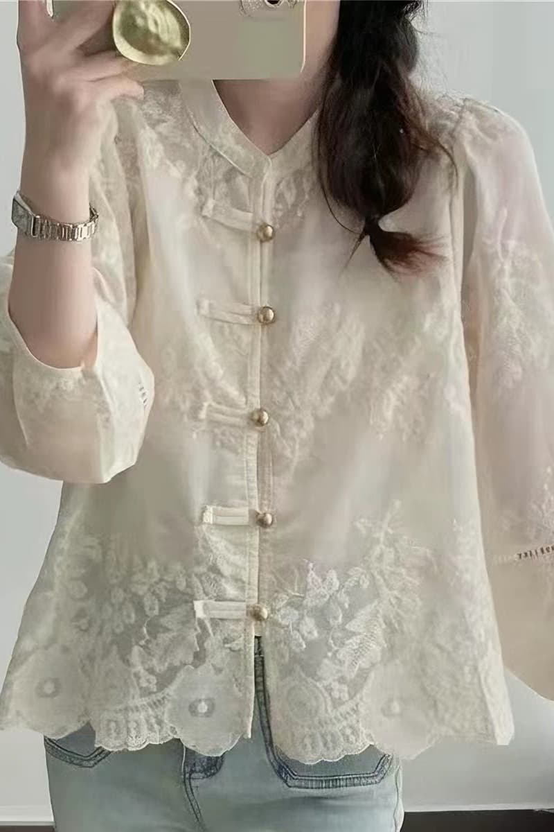 가을 의상 새로운 여성 셔츠 레이스 슬림해 보이는 품격 레트로 새로운 중식 국풍 스탠드 칼라 자수 셔츠 긴팔 맨위 이미지 6