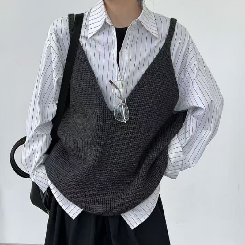 가을 겨울 의류 새로운 루즈핏 빅 사이즈 chic 느긋한 부담하지 마세요. 루즈핏 주머니 스웨터 조끼 슬립 외출용 이미지 5