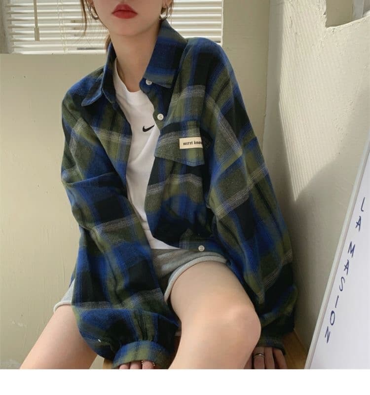 가을 의상 새로운 막대기 표준 격자 무늬 셔츠 긴팔 다용도 하라주쿠 스타일 캐주얼 루즈핏 빅 사이즈 맨위 셔츠 재킷 이미지 4