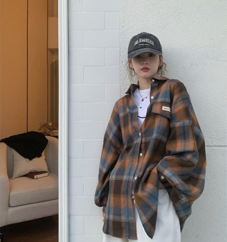 가을 의상 새로운 막대기 표준 격자 무늬 셔츠 긴팔 다용도 하라주쿠 스타일 캐주얼 루즈핏 빅 사이즈 맨위 셔츠 재킷 상세 이미지 5