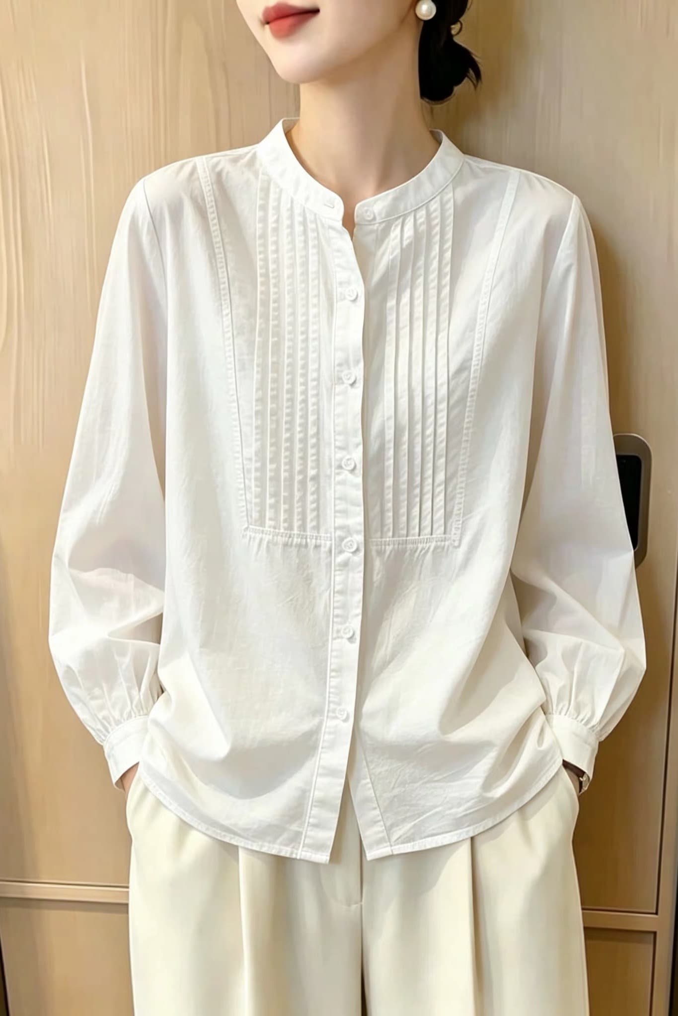 가을 의상 새로운 빅 사이즈 여성 의류 흰 셔츠 순면 작은 스탠드 칼라 카디건 코트 플리츠 프랑스식 고급 센스 셔츠 이미지 6