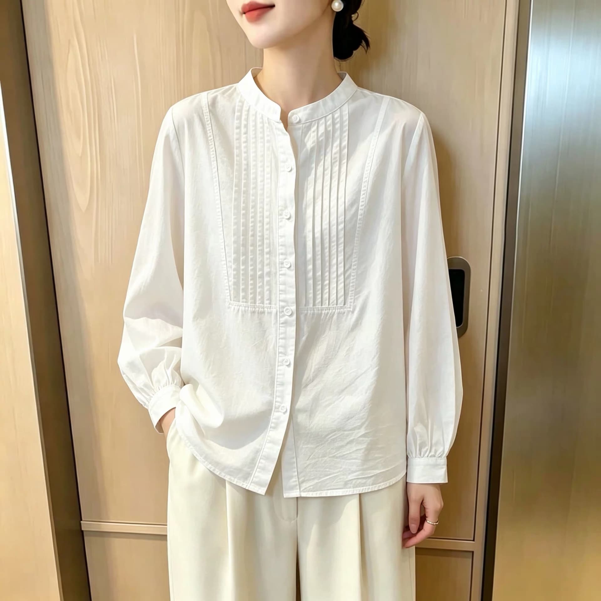 가을 의상 새로운 빅 사이즈 여성 의류 흰 셔츠 순면 작은 스탠드 칼라 카디건 코트 플리츠 프랑스식 고급 센스 셔츠 상세 이미지 3