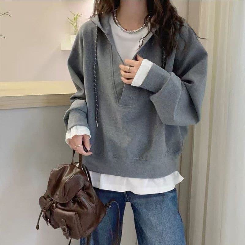가을 겨울 의류 새로운 페이크 레이어드 패치워크 후드 배색 후드티 여성 레저 다용도 루즈핏 슬림해 보이는 맨위 상세 이미지 7