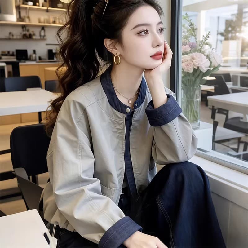가을 겨울 의류 새로운 데님 패치워크 여성 코트 한국 스타일 디자인 센스 루즈핏 스탠드 칼라 재킷 야구 유니폼 맨위 이미지 2