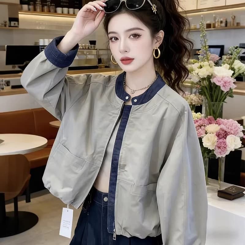 가을 겨울 의류 새로운 데님 패치워크 여성 코트 한국 스타일 디자인 센스 루즈핏 스탠드 칼라 재킷 야구 유니폼 맨위 이미지 5