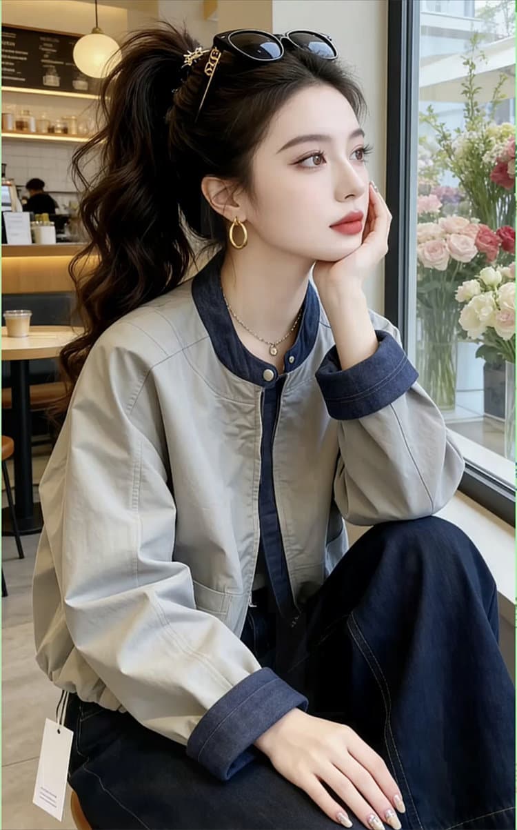 가을 겨울 의류 새로운 데님 패치워크 여성 코트 한국 스타일 디자인 센스 루즈핏 스탠드 칼라 재킷 야구 유니폼 맨위 상세 이미지 2