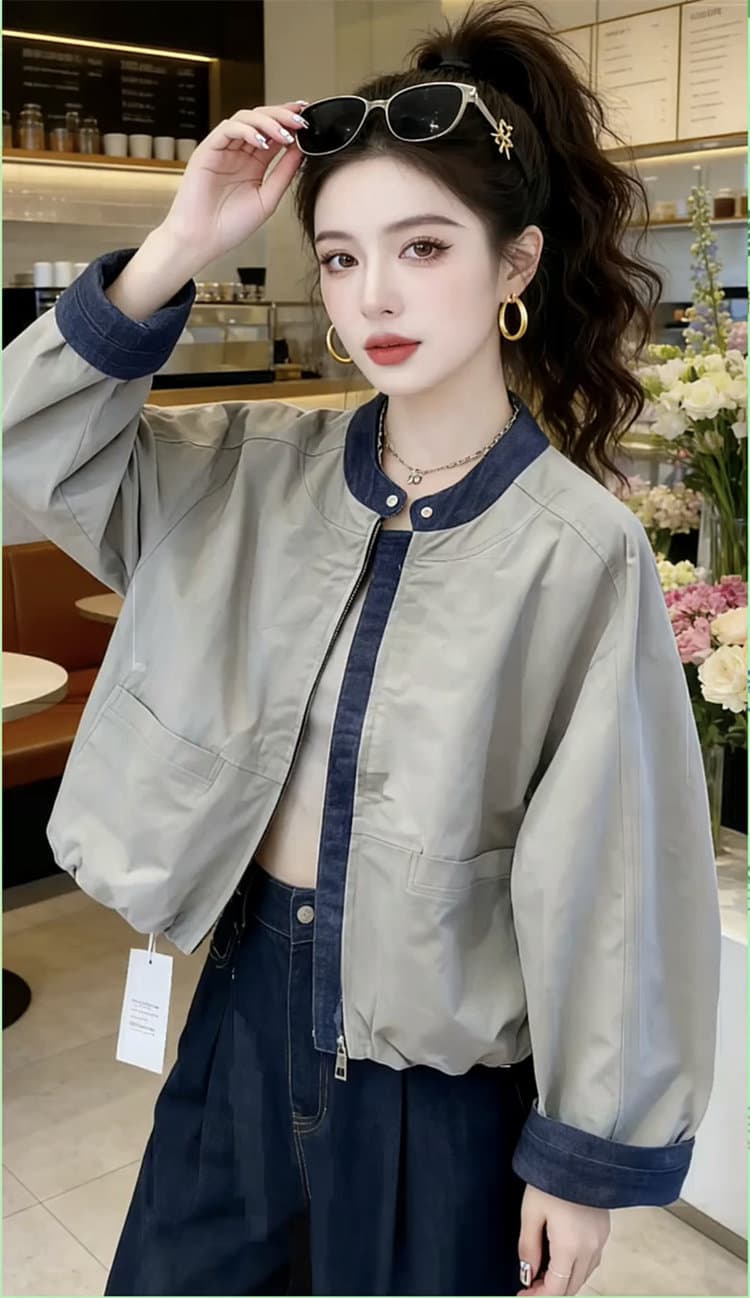 가을 겨울 의류 새로운 데님 패치워크 여성 코트 한국 스타일 디자인 센스 루즈핏 스탠드 칼라 재킷 야구 유니폼 맨위 상세 이미지 3