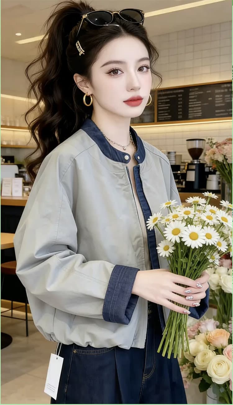 가을 겨울 의류 새로운 데님 패치워크 여성 코트 한국 스타일 디자인 센스 루즈핏 스탠드 칼라 재킷 야구 유니폼 맨위 상세 이미지 4