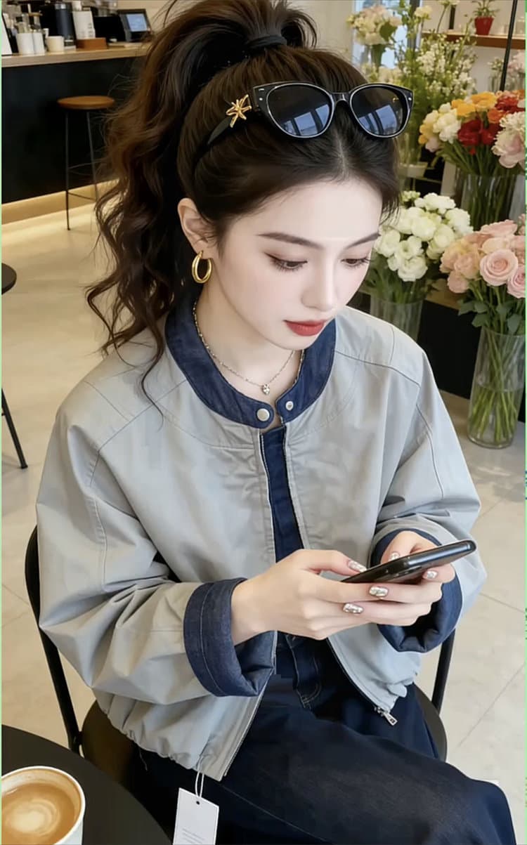 가을 겨울 의류 새로운 데님 패치워크 여성 코트 한국 스타일 디자인 센스 루즈핏 스탠드 칼라 재킷 야구 유니폼 맨위 상세 이미지 5