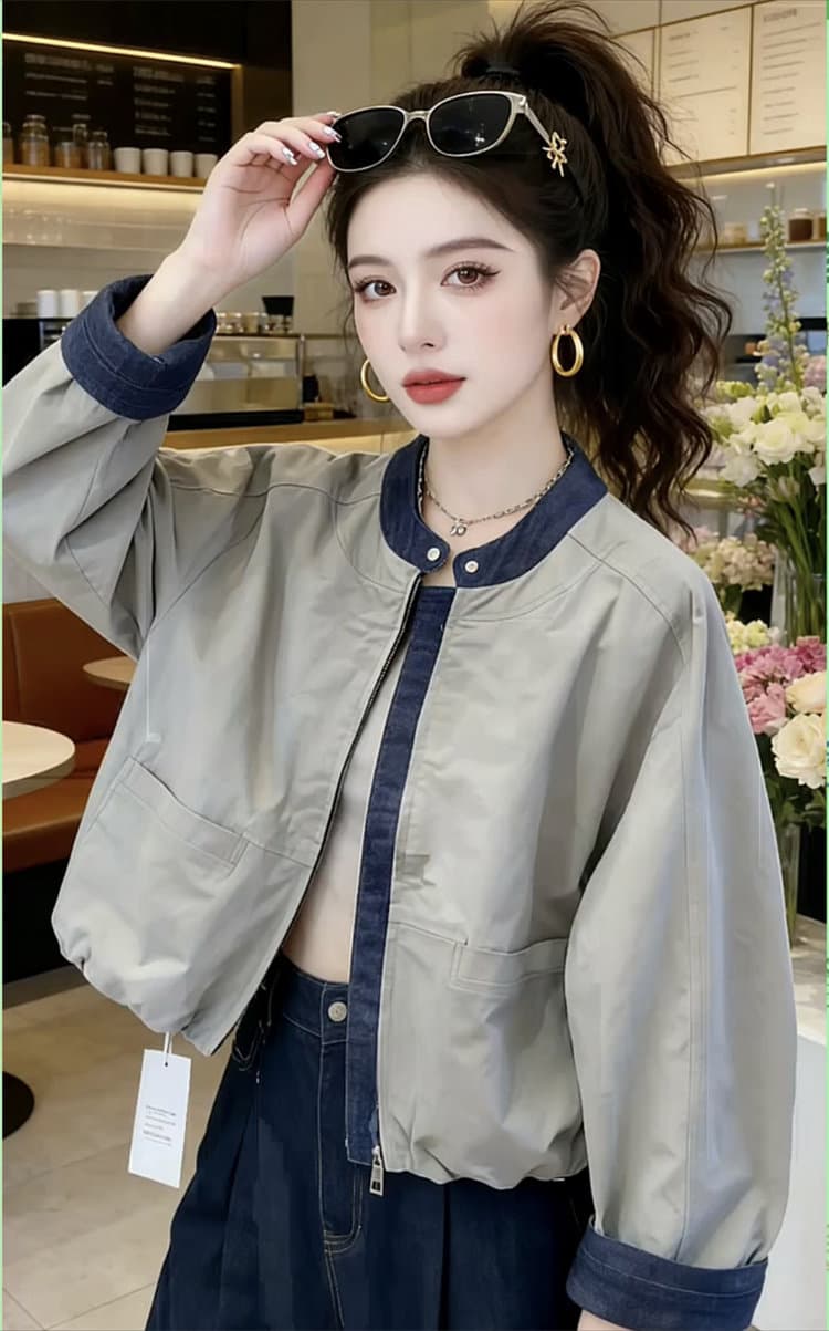 가을 겨울 의류 새로운 데님 패치워크 여성 코트 한국 스타일 디자인 센스 루즈핏 스탠드 칼라 재킷 야구 유니폼 맨위 상세 이미지 6