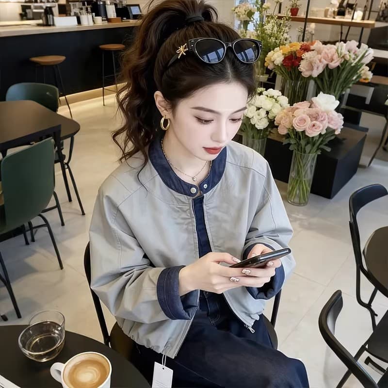 가을 겨울 의류 새로운 데님 패치워크 여성 코트 한국 스타일 디자인 센스 루즈핏 스탠드 칼라 재킷 야구 유니폼 맨위 상세 이미지 9
