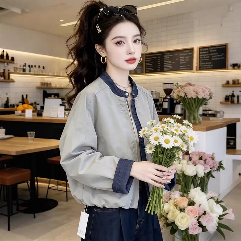 가을 겨울 의류 새로운 데님 패치워크 여성 코트 한국 스타일 디자인 센스 루즈핏 스탠드 칼라 재킷 야구 유니폼 맨위 상세 이미지 11