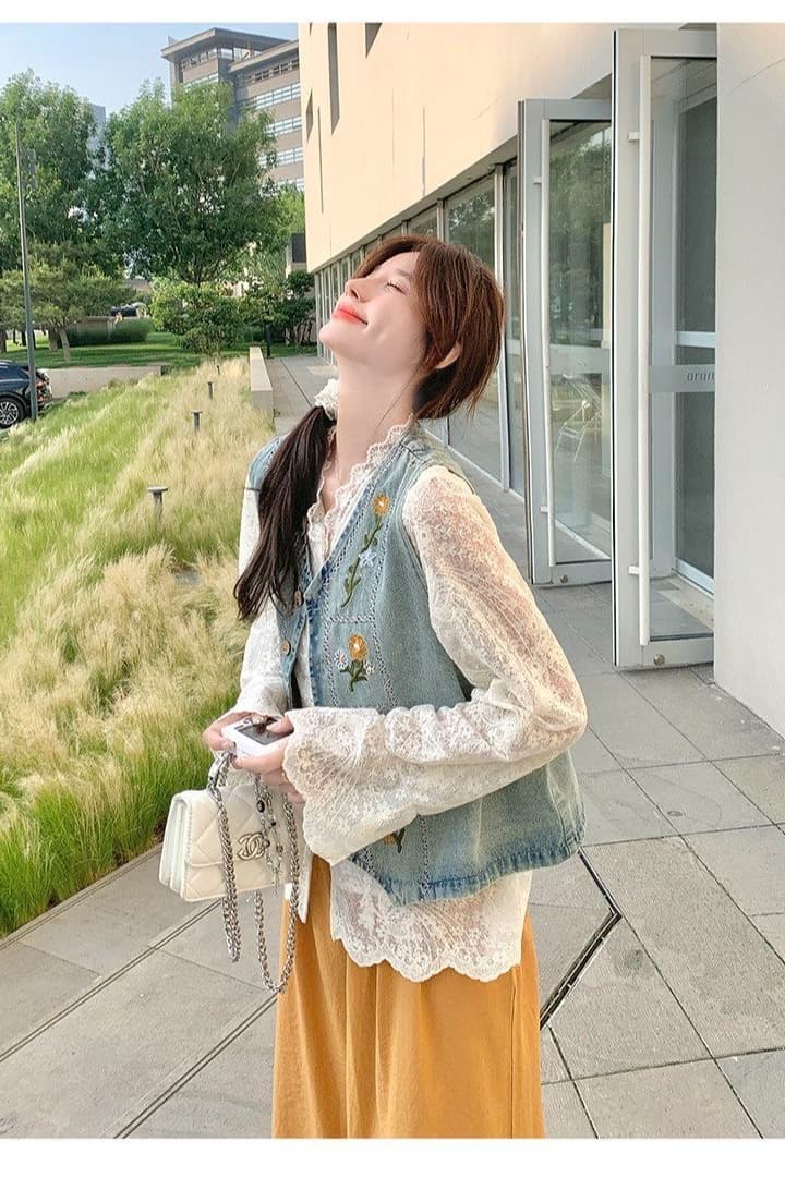 가을 의상 새로운 한국 스타일 루즈핏 슬림해 보이는 데님 조끼 여자 고급 센스 Chic 고유 한 루즈핏 스택 착용 조끼 세트 이미지 6