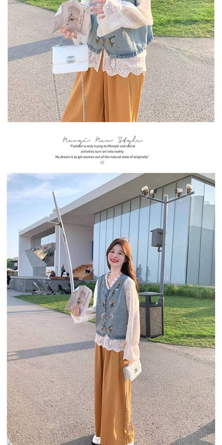 가을 의상 새로운 한국 스타일 루즈핏 슬림해 보이는 데님 조끼 여자 고급 센스 Chic 고유 한 루즈핏 스택 착용 조끼 세트 상세 이미지 5
