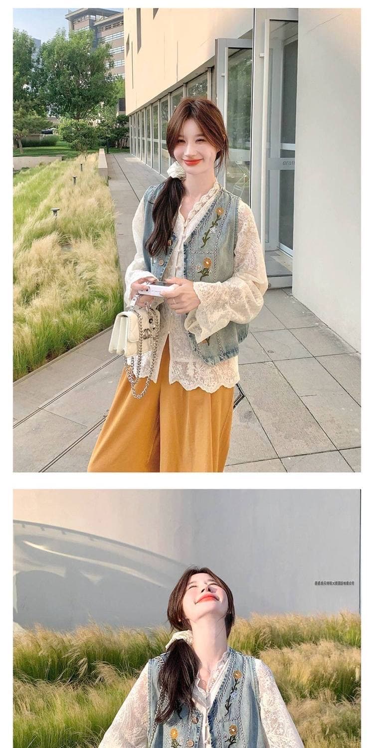 가을 의상 새로운 한국 스타일 루즈핏 슬림해 보이는 데님 조끼 여자 고급 센스 Chic 고유 한 루즈핏 스택 착용 조끼 세트 상세 이미지 10