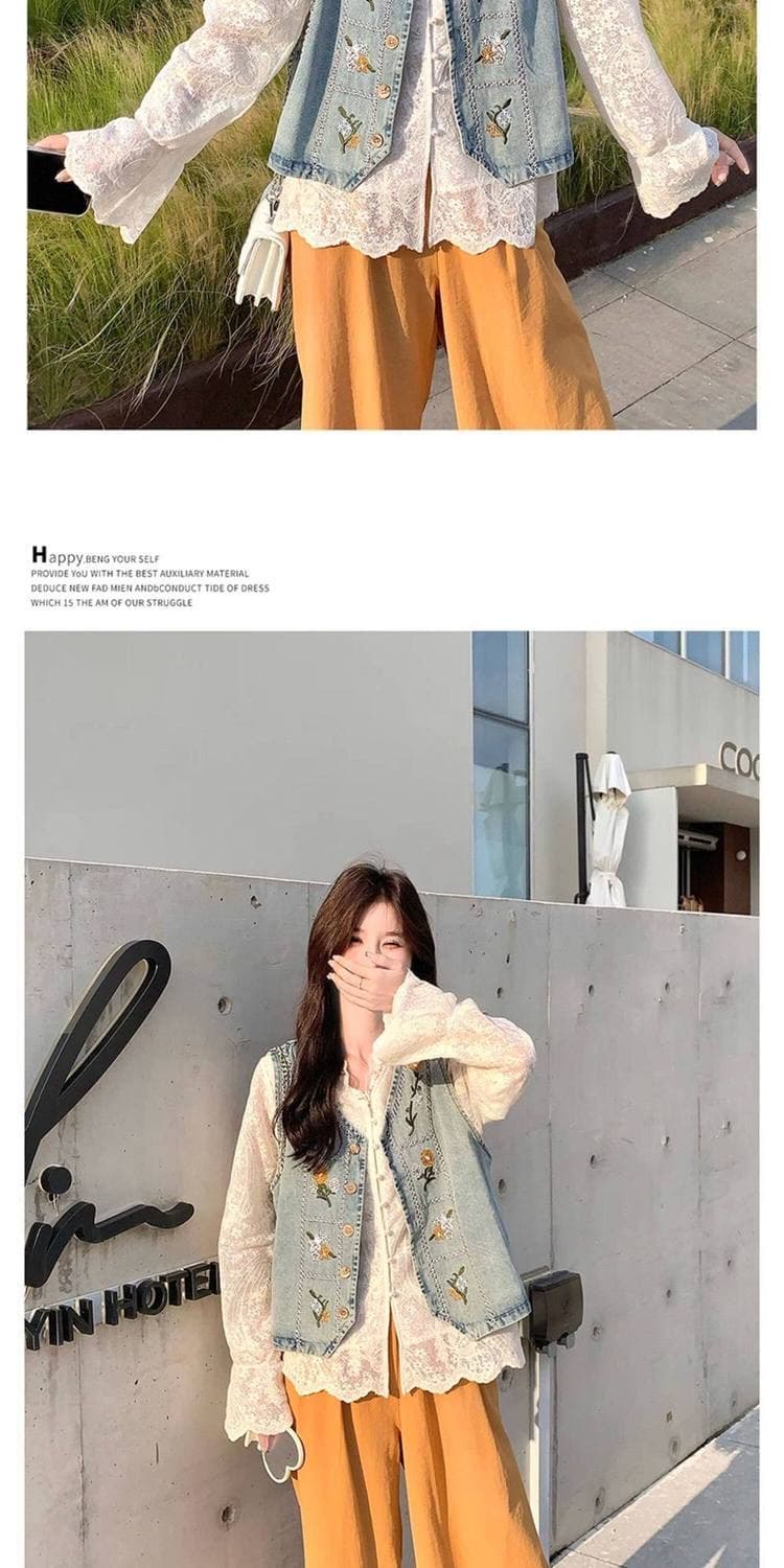가을 의상 새로운 한국 스타일 루즈핏 슬림해 보이는 데님 조끼 여자 고급 센스 Chic 고유 한 루즈핏 스택 착용 조끼 세트 상세 이미지 11
