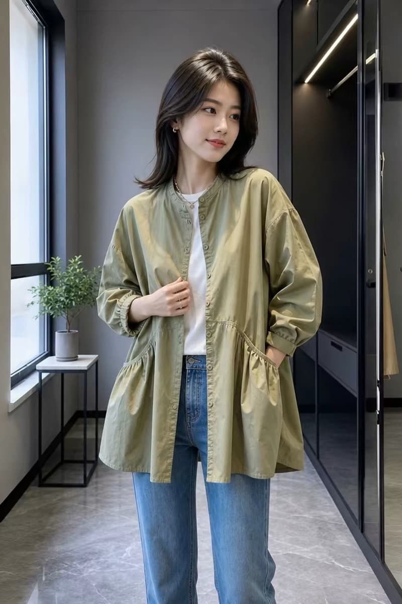 가을 의상 한국 스타일 빅 사이즈 여성 의류 새로운 더블 주머니 긴팔 재킷 재킷 셔츠 맨위 여성 이미지 6