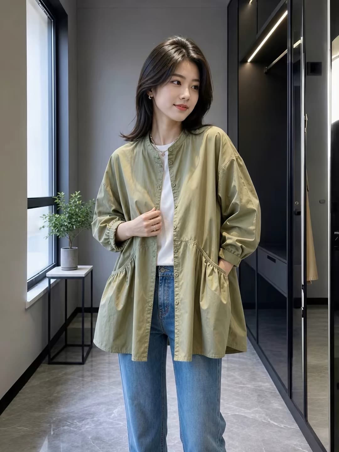 가을 의상 한국 스타일 빅 사이즈 여성 의류 새로운 더블 주머니 긴팔 재킷 재킷 셔츠 맨위 여성 상세 이미지 2
