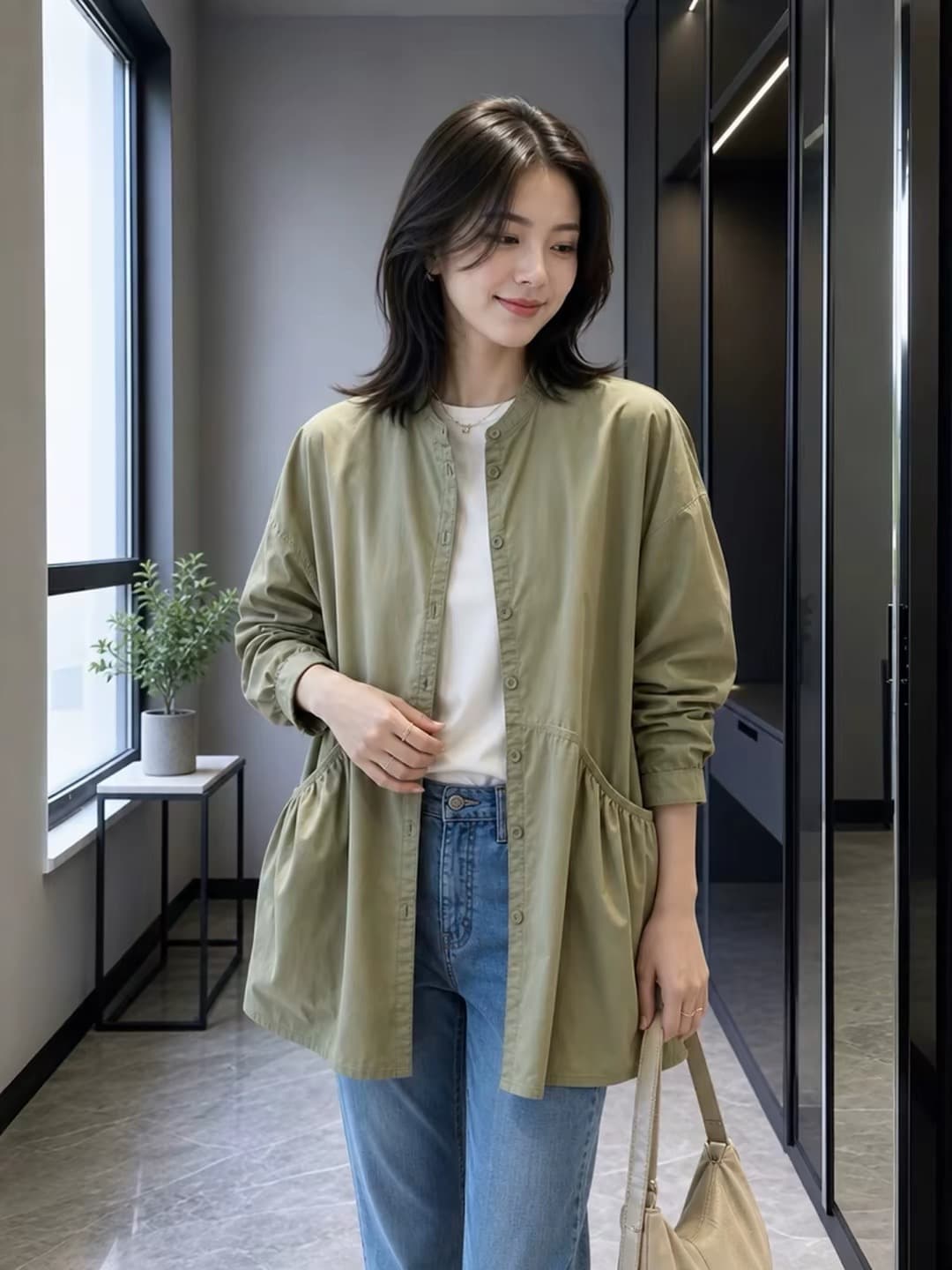 가을 의상 한국 스타일 빅 사이즈 여성 의류 새로운 더블 주머니 긴팔 재킷 재킷 셔츠 맨위 여성 상세 이미지 3