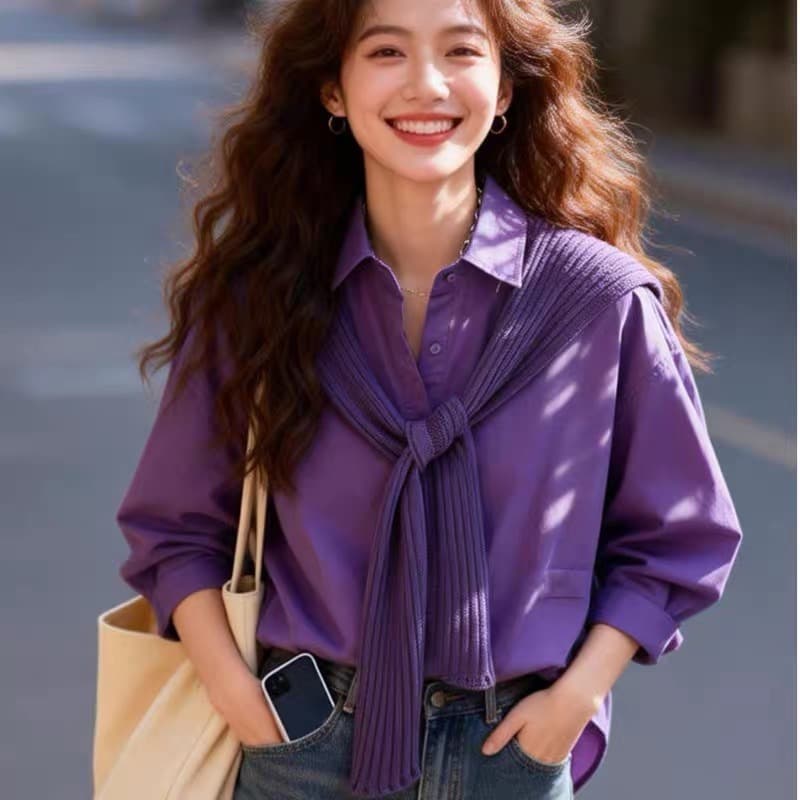 가을 의상 새로운 고급 센스 보라색 숄 셔츠 루즈핏 대 에디션 분위기 센스 착용 가져 가라. 긴팔 맨위 이미지 5