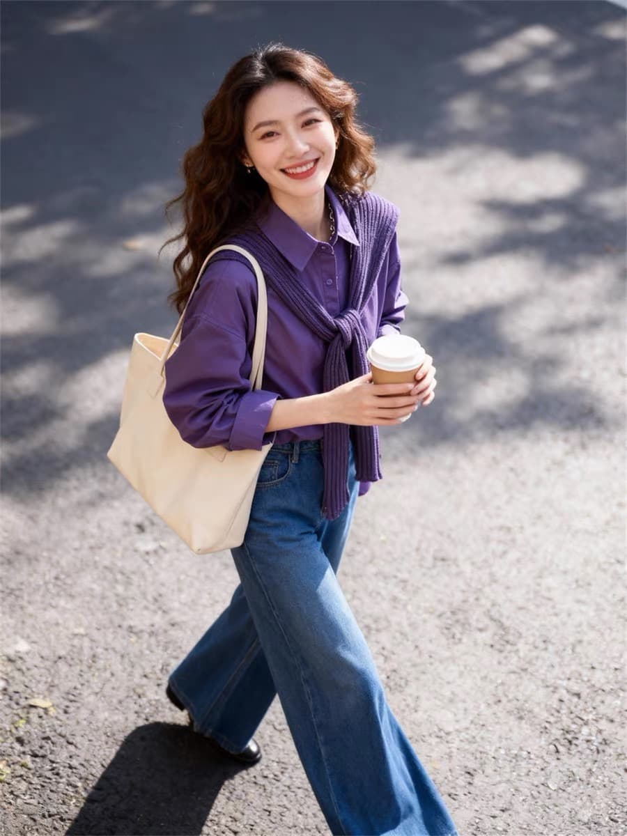 가을 의상 새로운 고급 센스 보라색 숄 셔츠 루즈핏 대 에디션 분위기 센스 착용 가져 가라. 긴팔 맨위 상세 이미지 4