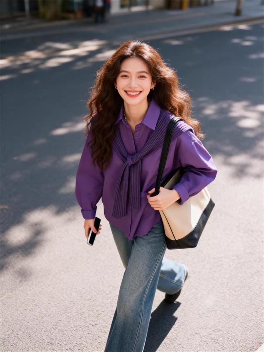 가을 의상 새로운 고급 센스 보라색 숄 셔츠 루즈핏 대 에디션 분위기 센스 착용 가져 가라. 긴팔 맨위 상세 이미지 6