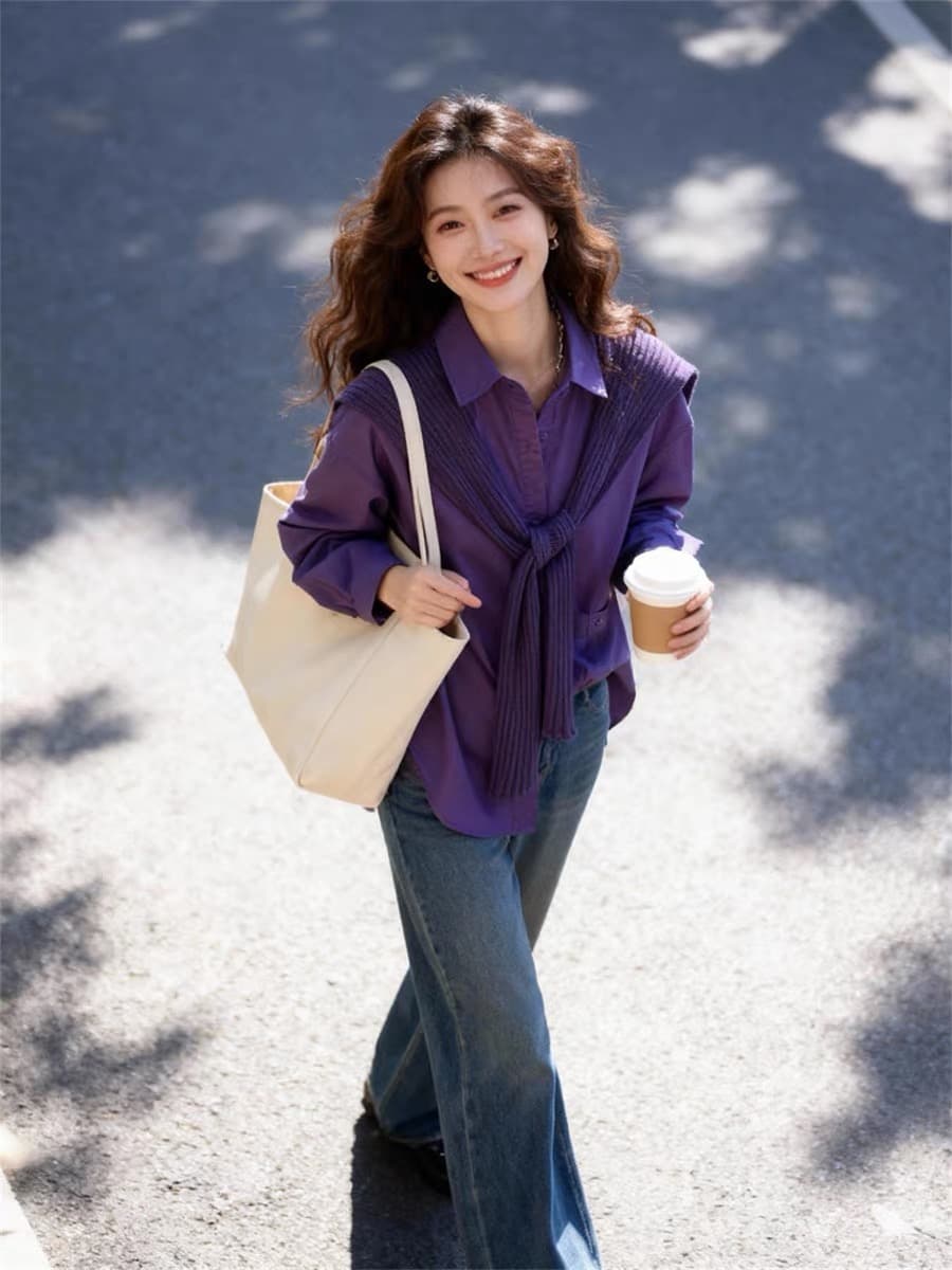 가을 의상 새로운 고급 센스 보라색 숄 셔츠 루즈핏 대 에디션 분위기 센스 착용 가져 가라. 긴팔 맨위 상세 이미지 7