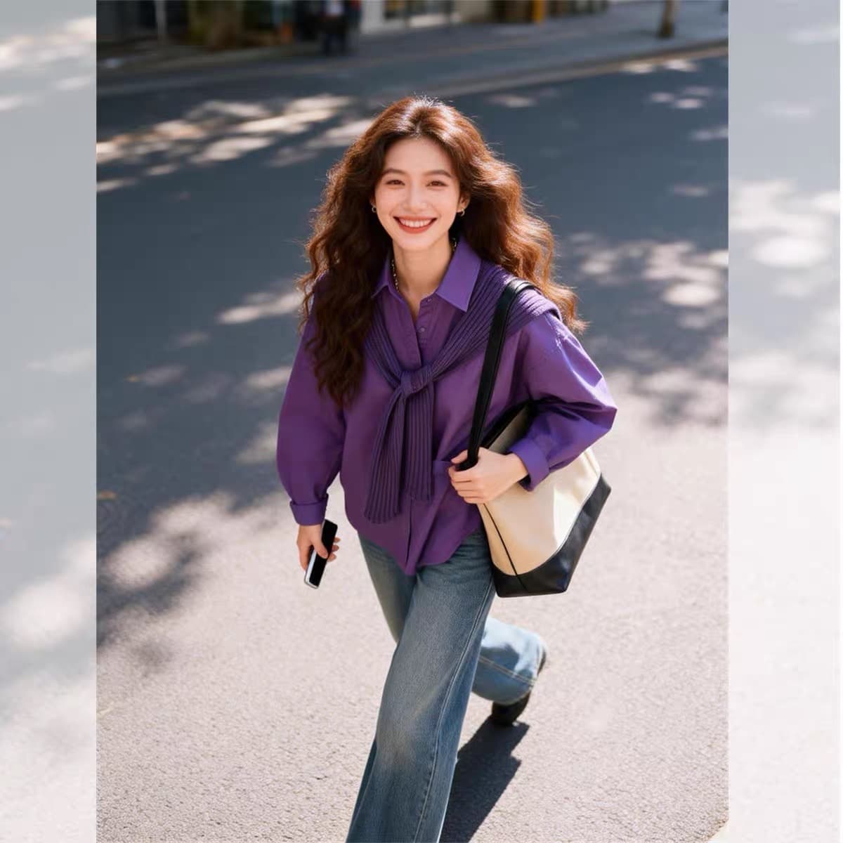 가을 의상 새로운 고급 센스 보라색 숄 셔츠 루즈핏 대 에디션 분위기 센스 착용 가져 가라. 긴팔 맨위 상세 이미지 8