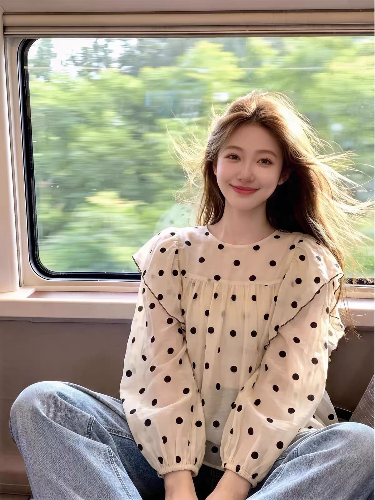 가을 의상 새로운 달콤함 Chic 프릴 도트 무늬 여성 셔츠 외출용 디자인 센스 작은 대중 슬림해 보이는 작은 셔츠 긴팔 이미지 3