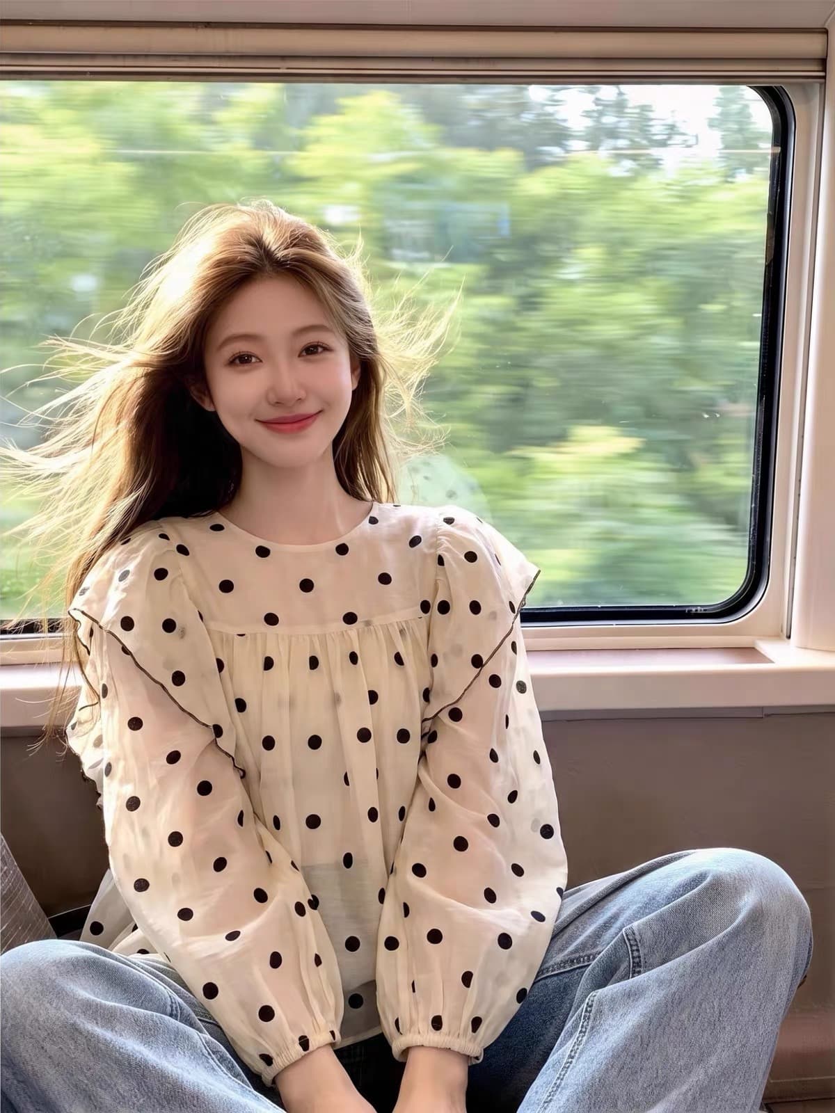 가을 의상 새로운 달콤함 Chic 프릴 도트 무늬 여성 셔츠 외출용 디자인 센스 작은 대중 슬림해 보이는 작은 셔츠 긴팔 상세 이미지 4