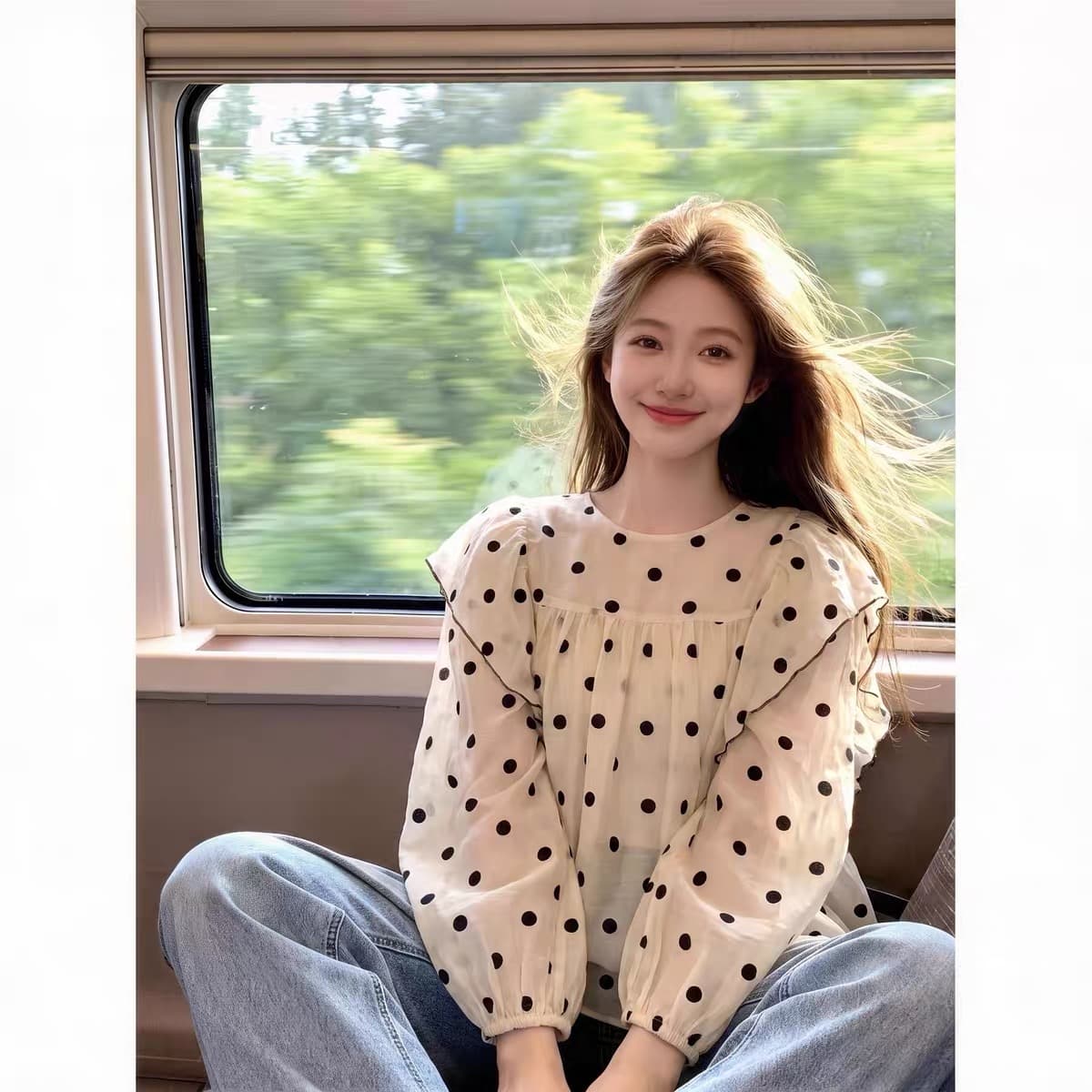 가을 의상 새로운 달콤함 Chic 프릴 도트 무늬 여성 셔츠 외출용 디자인 센스 작은 대중 슬림해 보이는 작은 셔츠 긴팔 상세 이미지 7