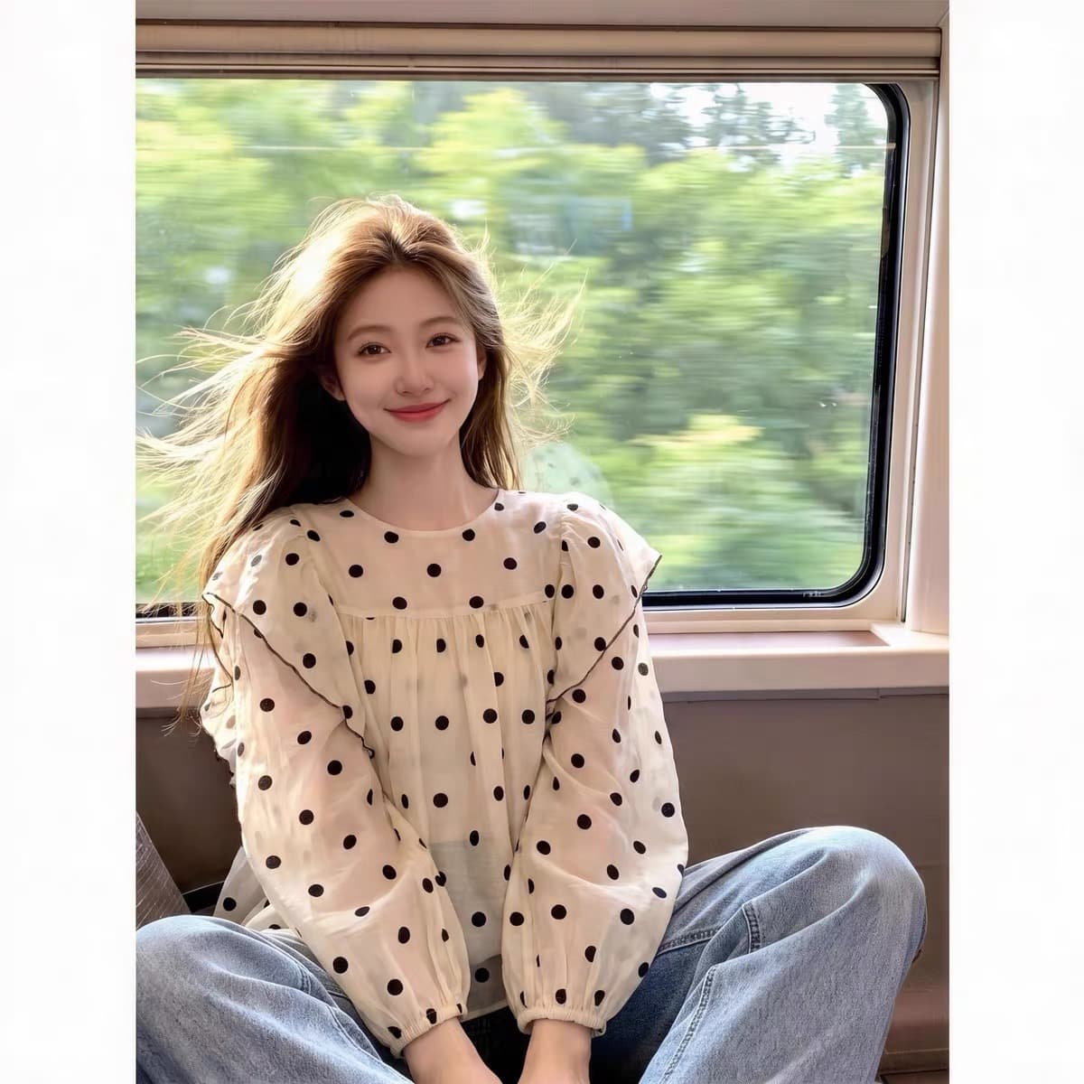 가을 의상 새로운 달콤함 Chic 프릴 도트 무늬 여성 셔츠 외출용 디자인 센스 작은 대중 슬림해 보이는 작은 셔츠 긴팔 상세 이미지 8