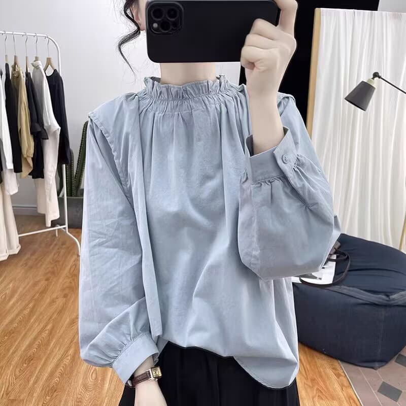가을 의상 새로운 프릴 칼라 벌룬 소매 순면 긴팔 셔츠 여성 연령 감소 맨위 레트로 루즈핏 셔츠 상세 이미지 17