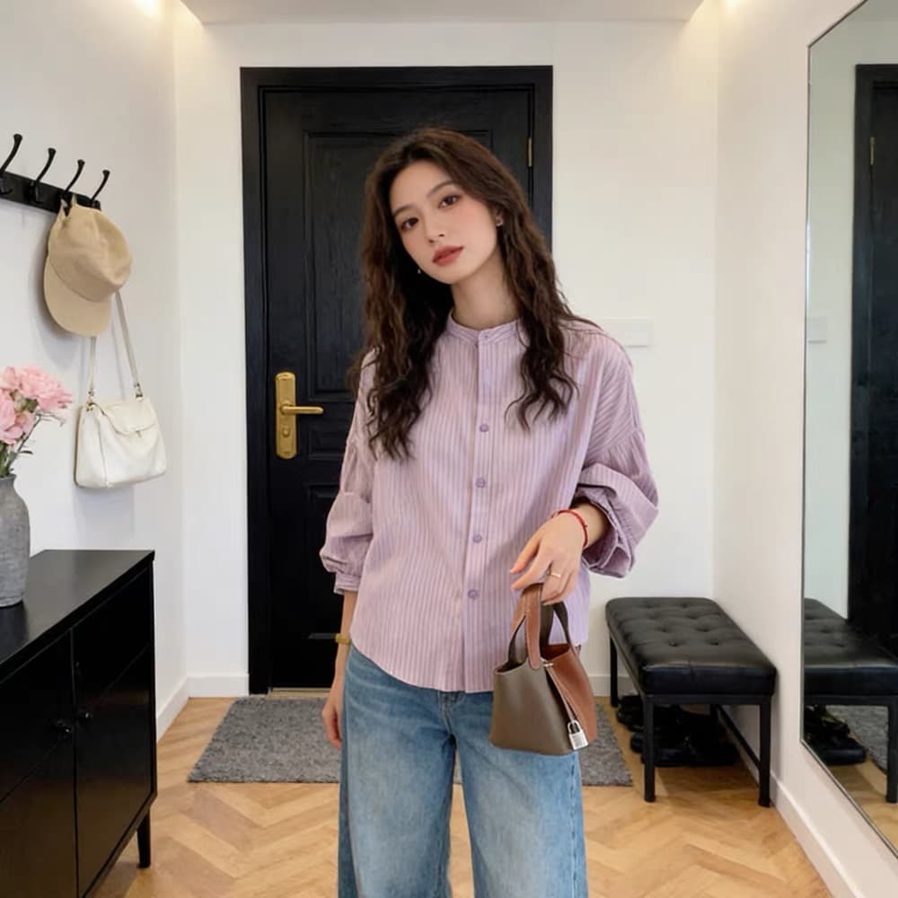 가을 의상 새로운 레트로 스트라이프 보라색 긴팔 여성 셔츠 빅 사이즈 다용도 루즈핏 고급 센스 맨위 이미지 3