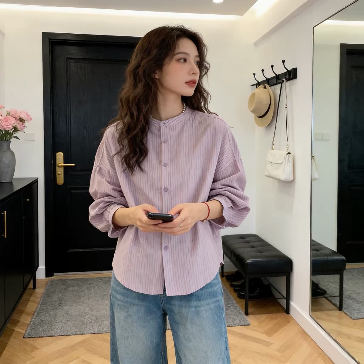 가을 의상 새로운 레트로 스트라이프 보라색 긴팔 여성 셔츠 빅 사이즈 다용도 루즈핏 고급 센스 맨위 이미지 5