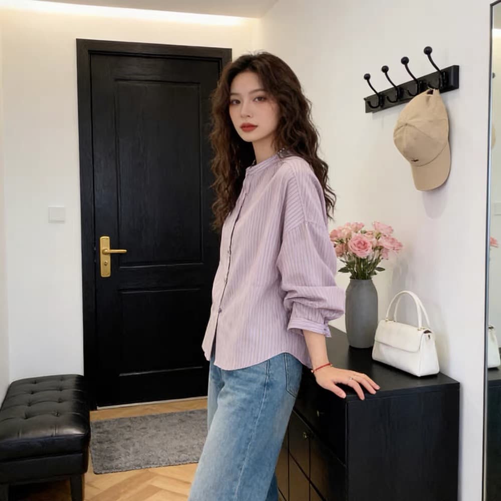 가을 의상 새로운 레트로 스트라이프 보라색 긴팔 여성 셔츠 빅 사이즈 다용도 루즈핏 고급 센스 맨위 상세 이미지 6