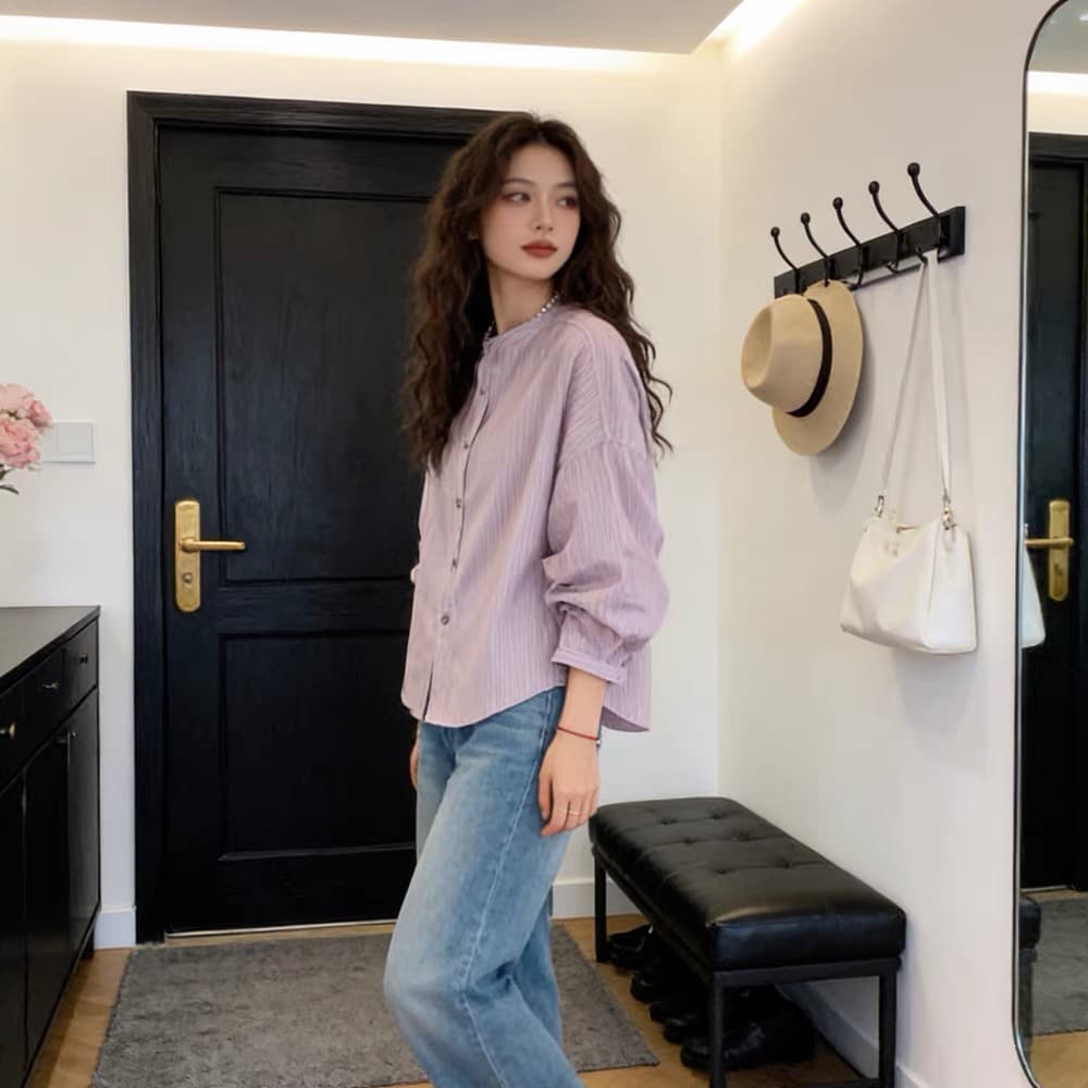 가을 의상 새로운 레트로 스트라이프 보라색 긴팔 여성 셔츠 빅 사이즈 다용도 루즈핏 고급 센스 맨위 상세 이미지 9