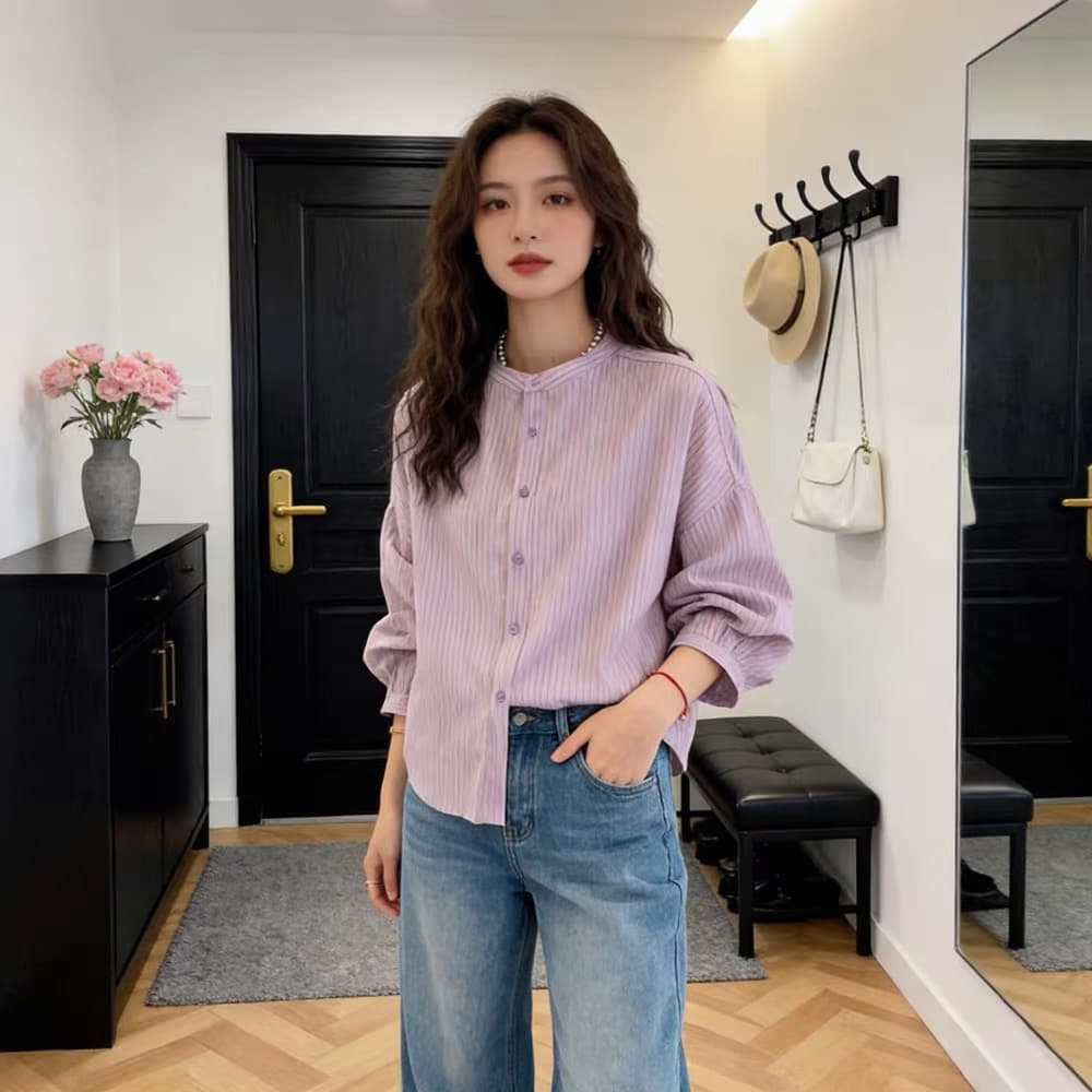 가을 의상 새로운 레트로 스트라이프 보라색 긴팔 여성 셔츠 빅 사이즈 다용도 루즈핏 고급 센스 맨위 상세 이미지 10