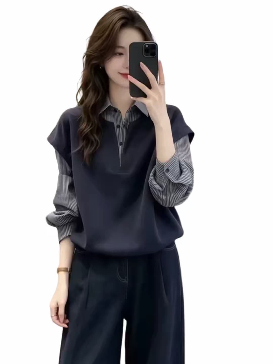 가을 의상 새로운 한국 스타일 루즈핏 슬림해 보이는 다용도 캐주얼 레트로 체크무늬 여성 셔츠 페이크 레이어드 워크웨어 긴팔 맨위 상세 이미지 6