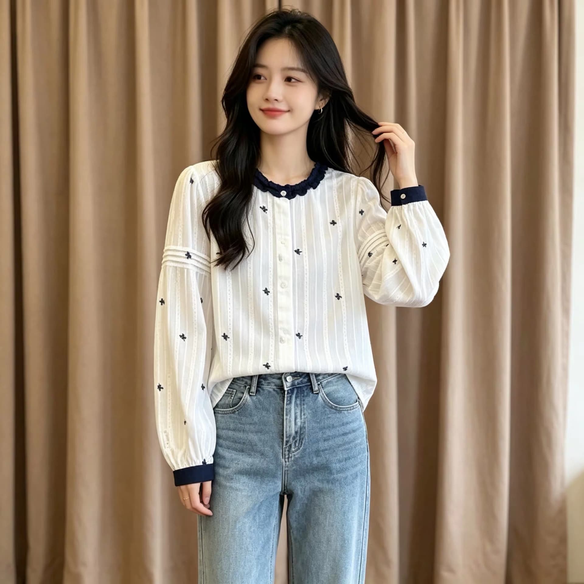 가을 의상 새로운 한 부서 자수 레이스 칼라 긴팔 여성 셔츠 루즈핏 외국 가스 디자인 센스 작은 대중 연령 감소 맨위 트렌디 상세 이미지 5