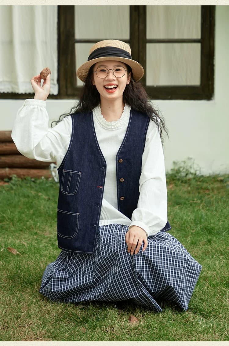 가을 겨울 새로운 진한 파란색 데님 조끼 여자 일본식 레트로 캐주얼 맨위 루즈핏 다용도 V넥 조끼 외부 가져 가라. 상세 이미지 10