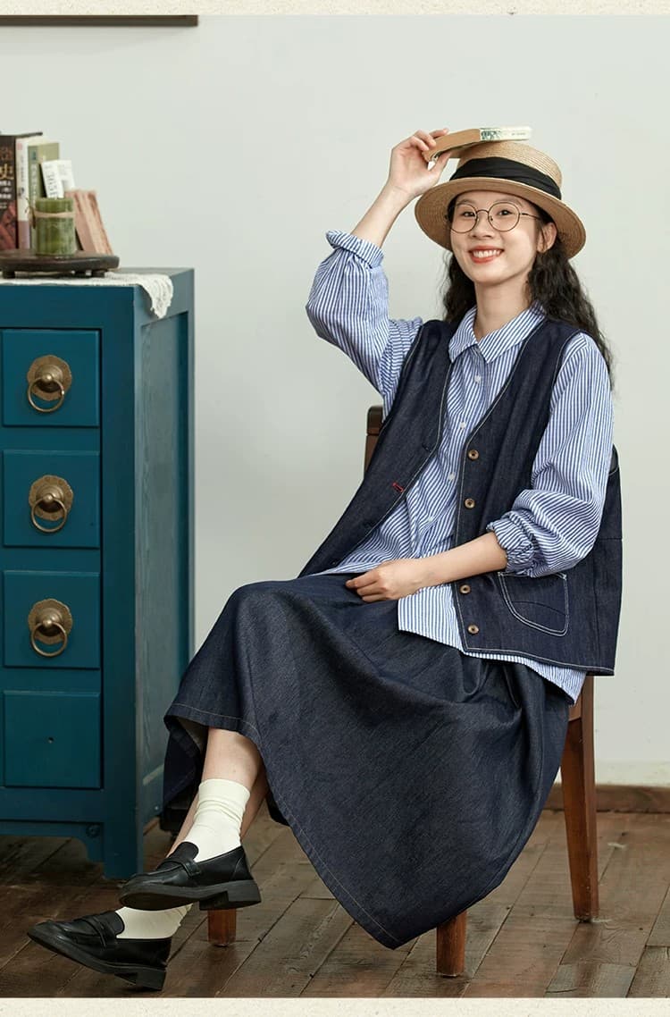 가을 겨울 새로운 진한 파란색 데님 조끼 여자 일본식 레트로 캐주얼 맨위 루즈핏 다용도 V넥 조끼 외부 가져 가라. 상세 이미지 15