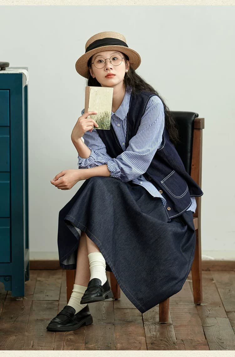 가을 겨울 새로운 진한 파란색 데님 조끼 여자 일본식 레트로 캐주얼 맨위 루즈핏 다용도 V넥 조끼 외부 가져 가라. 상세 이미지 17