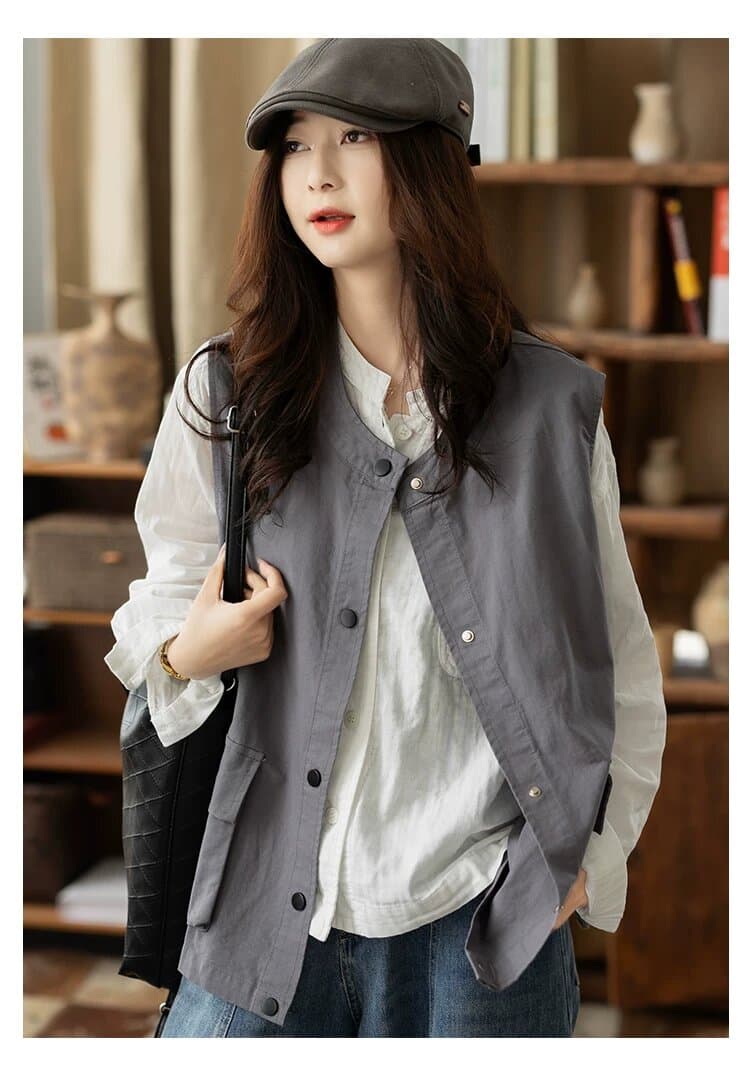 가을 겨울 새로운 레트로 스타일 워크웨어 워싱 면 베스트 재킷 조끼 캐주얼 스탠드 칼라 어깨 짧은 외투 상세 이미지 5