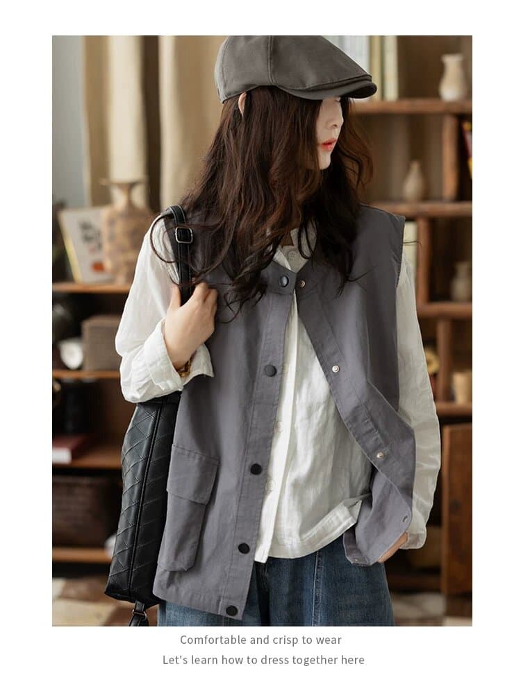가을 겨울 새로운 레트로 스타일 워크웨어 워싱 면 베스트 재킷 조끼 캐주얼 스탠드 칼라 어깨 짧은 외투 상세 이미지 6