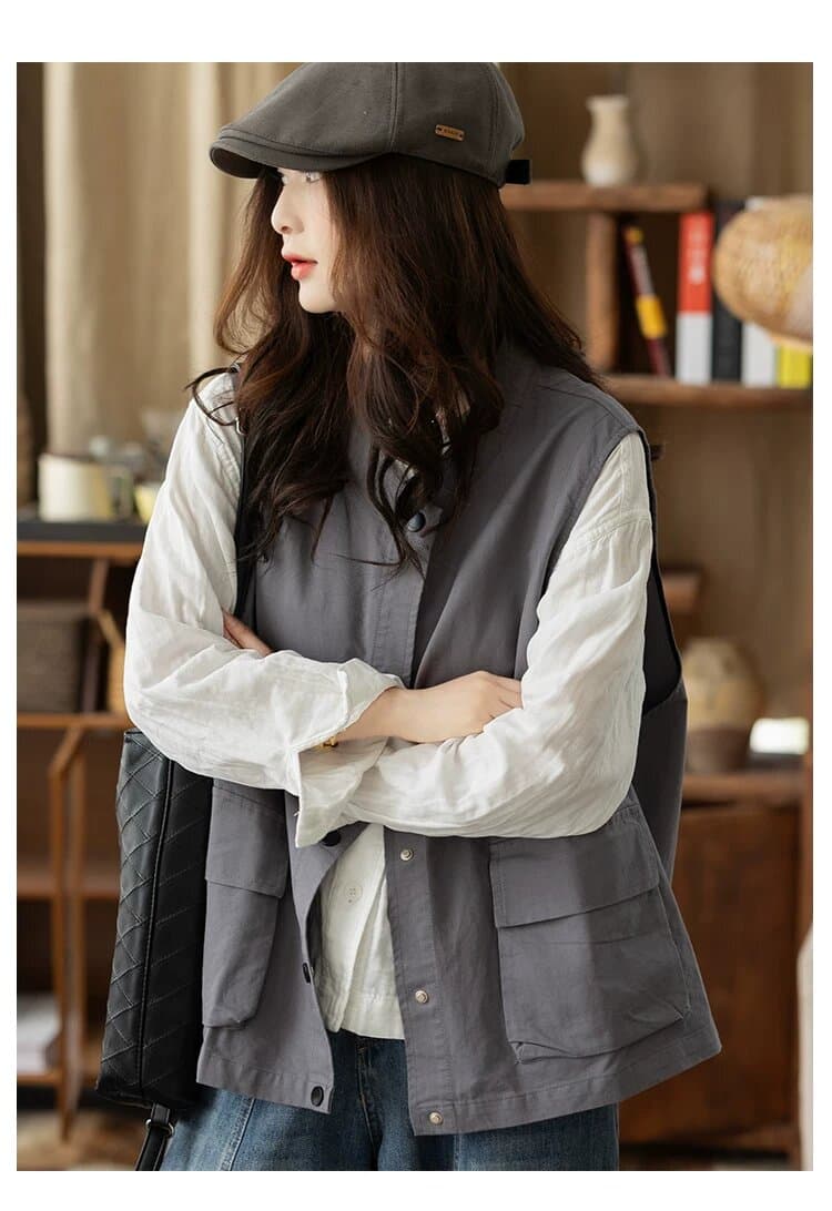 가을 겨울 새로운 레트로 스타일 워크웨어 워싱 면 베스트 재킷 조끼 캐주얼 스탠드 칼라 어깨 짧은 외투 상세 이미지 7