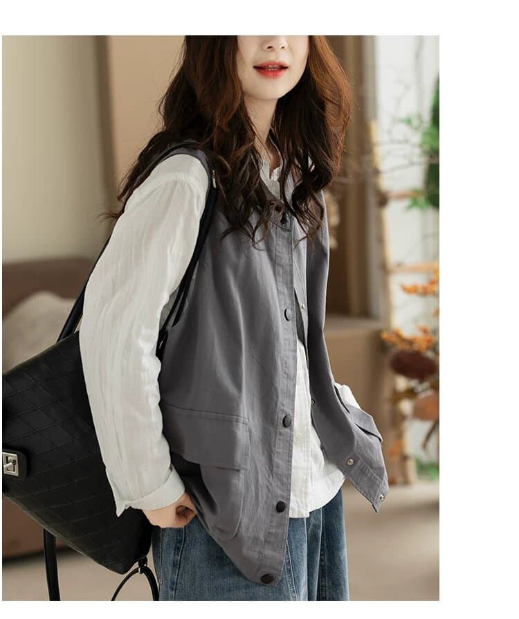 가을 겨울 새로운 레트로 스타일 워크웨어 워싱 면 베스트 재킷 조끼 캐주얼 스탠드 칼라 어깨 짧은 외투 상세 이미지 8