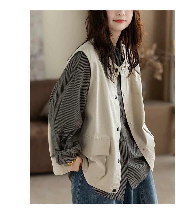 가을 겨울 새로운 레트로 스타일 워크웨어 워싱 면 베스트 재킷 조끼 캐주얼 스탠드 칼라 어깨 짧은 외투 상세 이미지 19