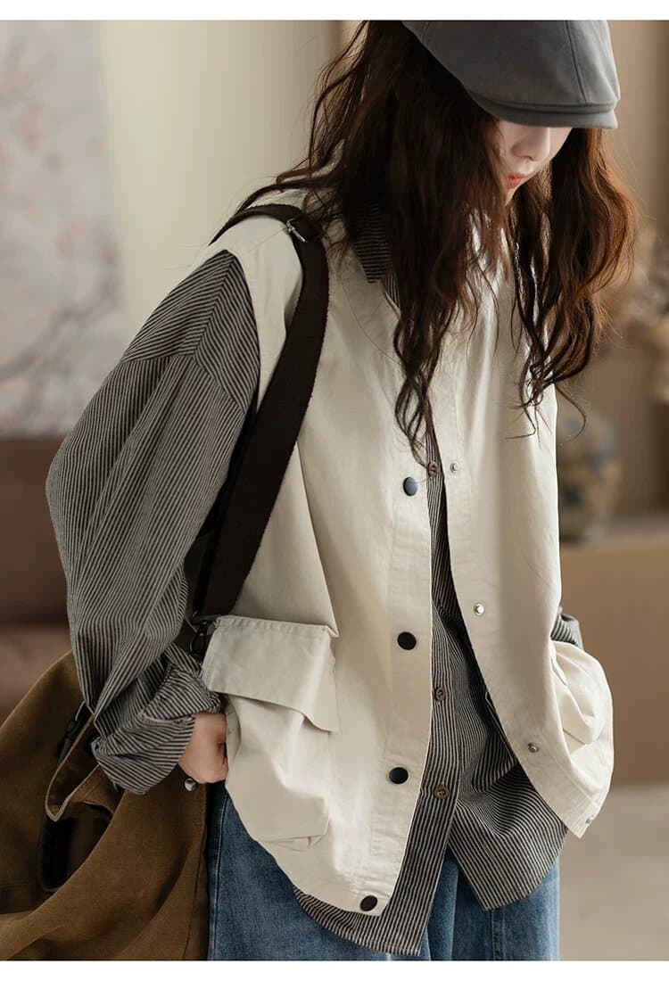 가을 겨울 새로운 레트로 스타일 워크웨어 워싱 면 베스트 재킷 조끼 캐주얼 스탠드 칼라 어깨 짧은 외투 상세 이미지 22