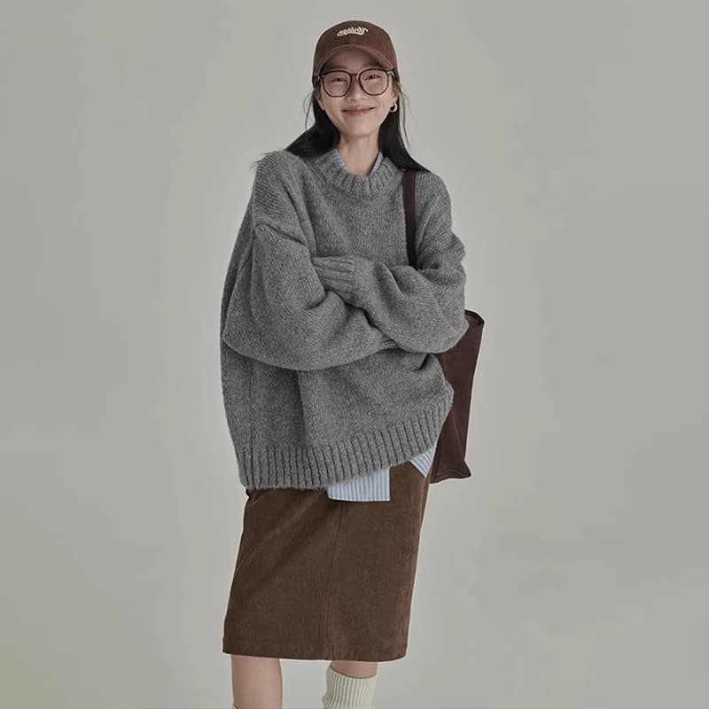 일본식 레트로 회색 스웨터 여자 겨울 라운드 넥 루즈핏 느긋한 바람 외출용 인사이드 가져 가라. 만나는 니트 스웨터 두꺼움 맨위 이미지 2